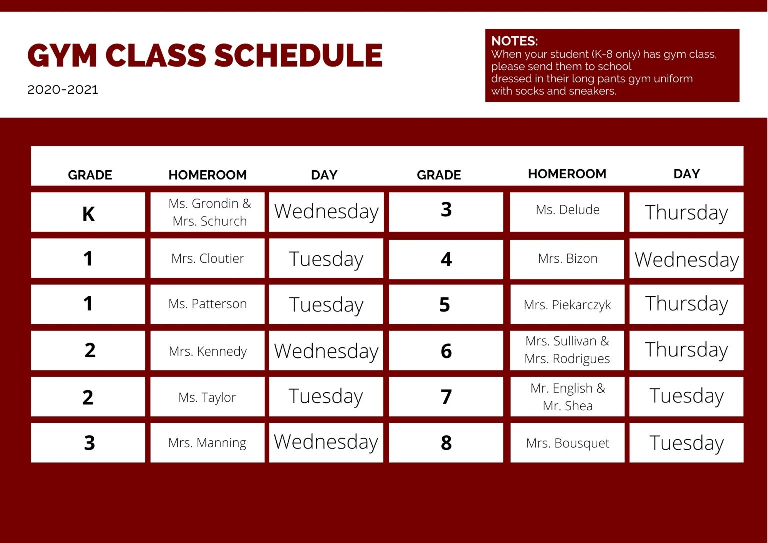 Gym Schedule St. Stanislaus School